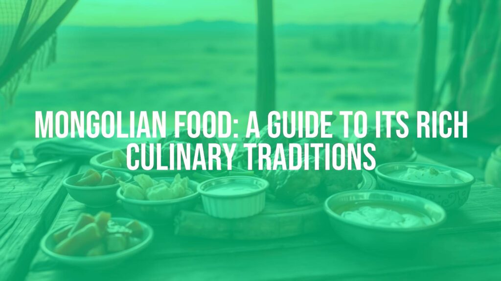 A traditional Mongolian meal with lamb and dairy products on a wooden table, steppe landscape in the background, warm and rustic ambiance, realistic.