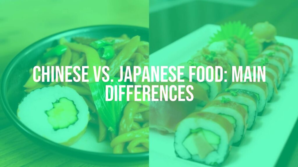 Side-by-side comparison of Chinese and Japanese food, Chinese dish with vibrant stir-fry and bold colors, Japanese dish with sushi and clean presentation, contrasting styles, realistic.