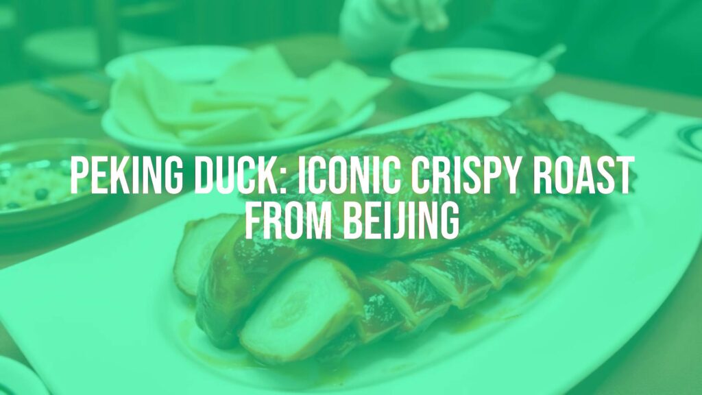 Peking Duck, crispy mahogany skin, succulent meat, served with pancakes, elegant plating, traditional Chinese cuisine, restaurant ambiance, hyperrealistic.