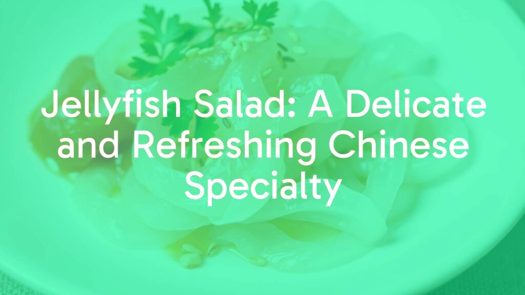 A delicate jellyfish salad on a white plate, glistening translucent jellyfish strips with vibrant dressing, garnished with sesame seeds and herbs, refreshing and appetizing, realistic food photography.