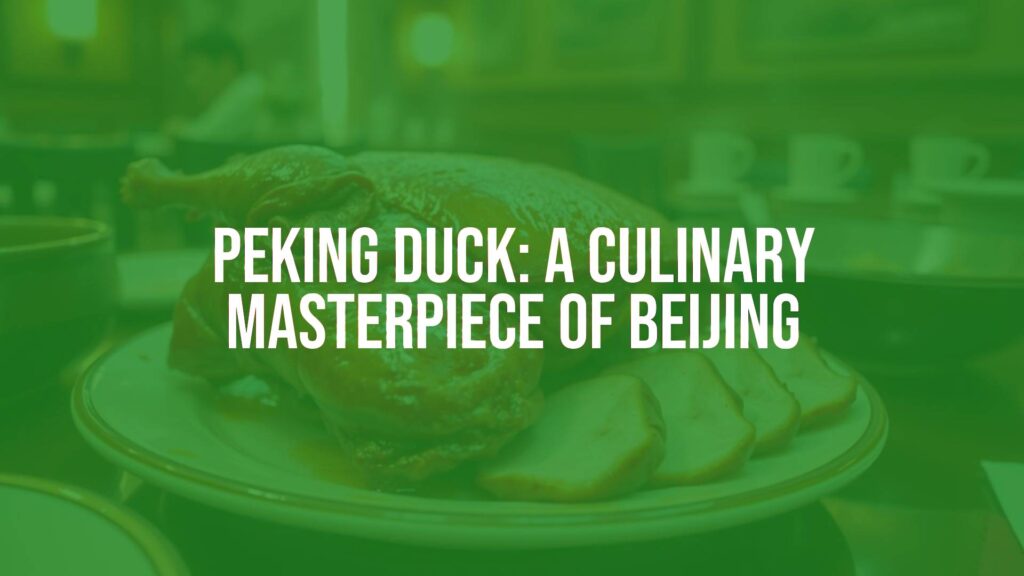 A perfectly roasted Peking Duck with crispy golden skin, sliced and arranged elegantly on a plate, traditional Chinese dining setting, warm lighting, realistic.