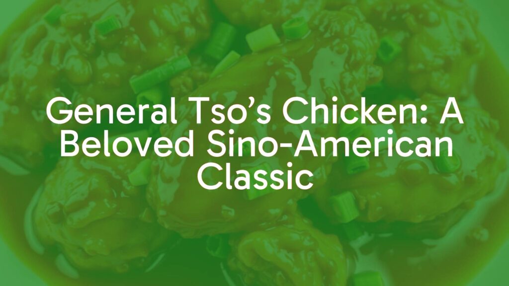 A plate of crispy General Tso's Chicken with glossy sweet-spicy sauce, garnished with green onions and red chili peppers, vibrant colors, realistic food photography.